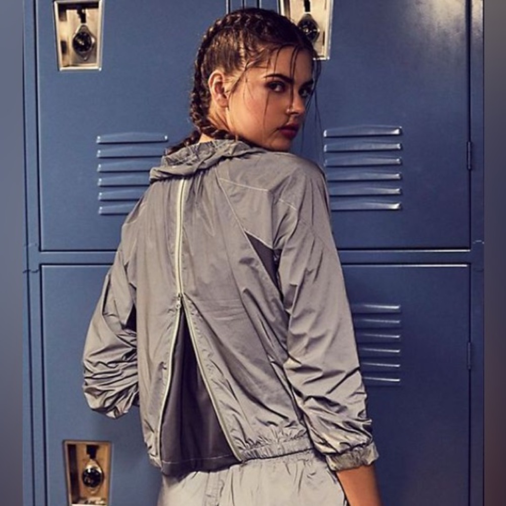 FREE PEOPLE SILVER METALLIC WINDBREAKER JACKET